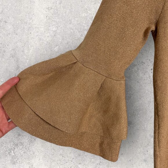Anthropologie Ruffle Bell Sleeve Knit Dress Tan Womens Size Small Camel Bohemian - Picture 7 of 13